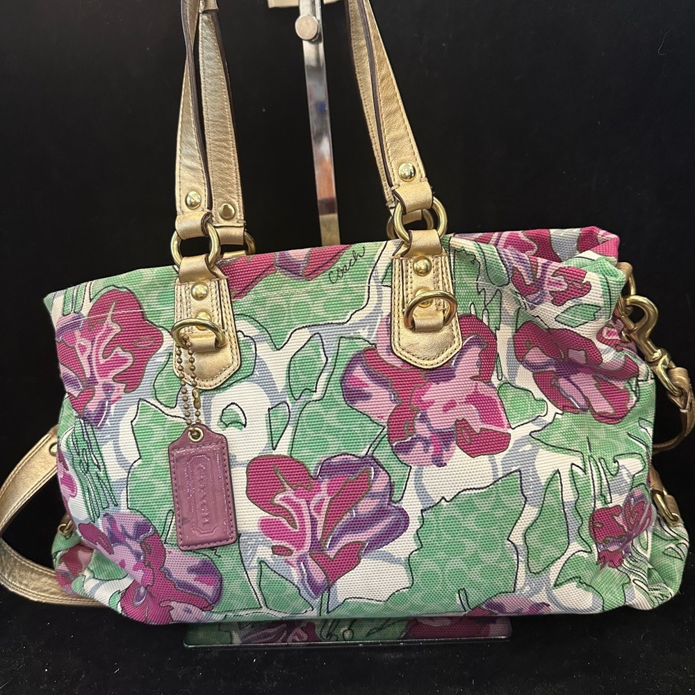 Coach Ashley 2011 Pink & Green Floral Canvas Tote with Gold Leather Accents - Picture 3 of 14